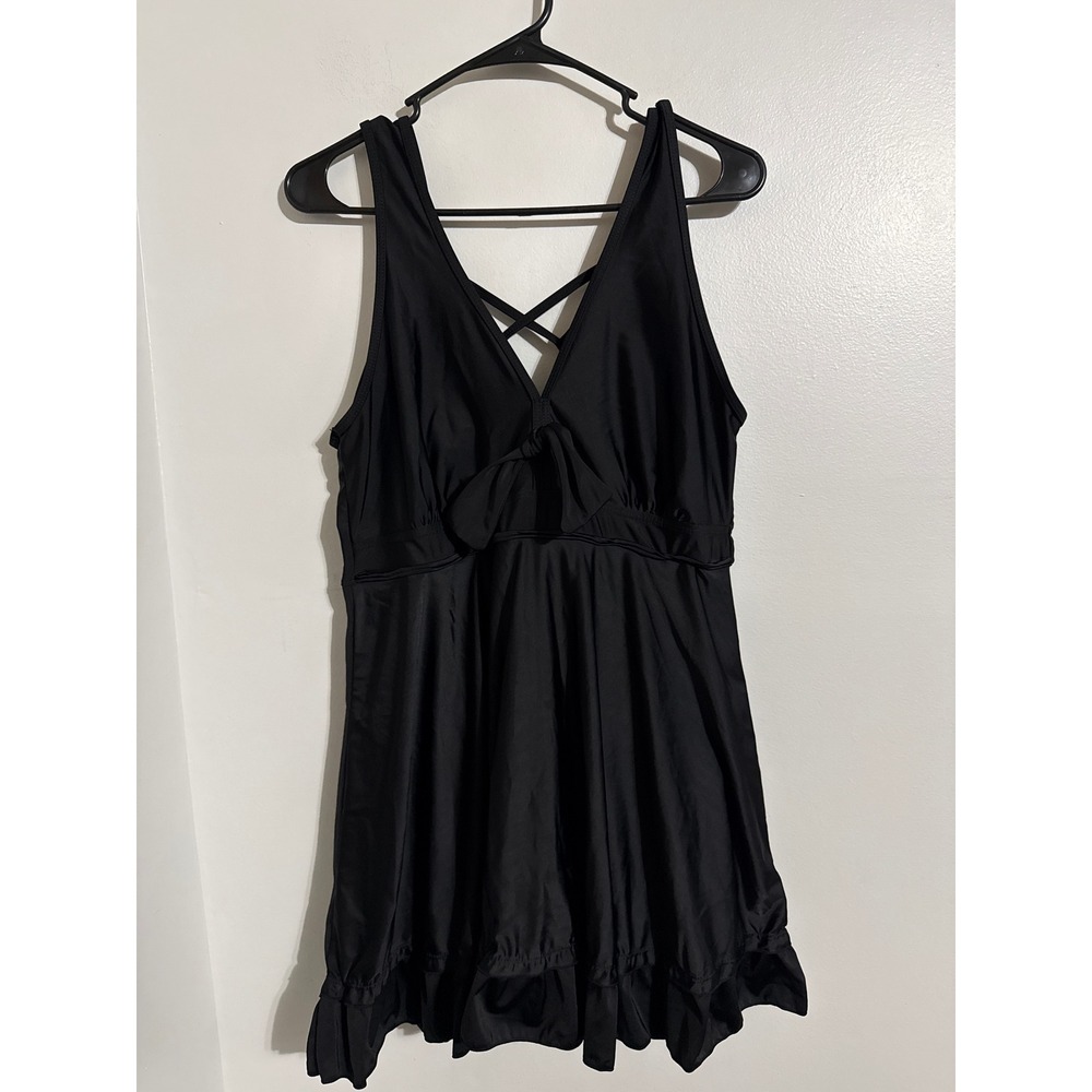 Cocopear Black V-Neck Ruffle Hem Swim Dress One Piece Swimsuit XXXL